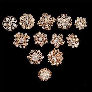 Lucky Monet Lot 24Pcs Mixed Rhinestone Crystal Brooch Alloy Gold Vintage